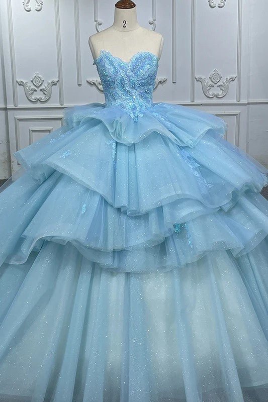 Romantic Princess Sleeveless Quinceanera Dresses Ruffle Strapless Sequins Ball Gown