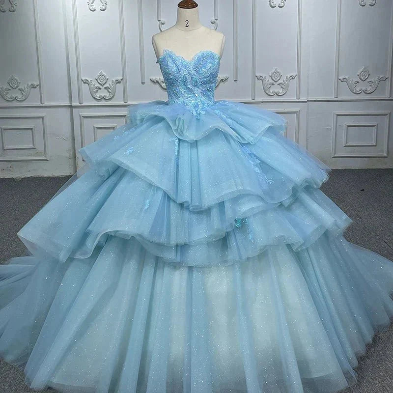 Romantic Princess Sleeveless Quinceanera Dresses Ruffle Strapless Sequins Ball Gown