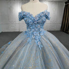 Quinceanera Blue Off - the - Shoulder Ball Gown Flower Dress - KissProm