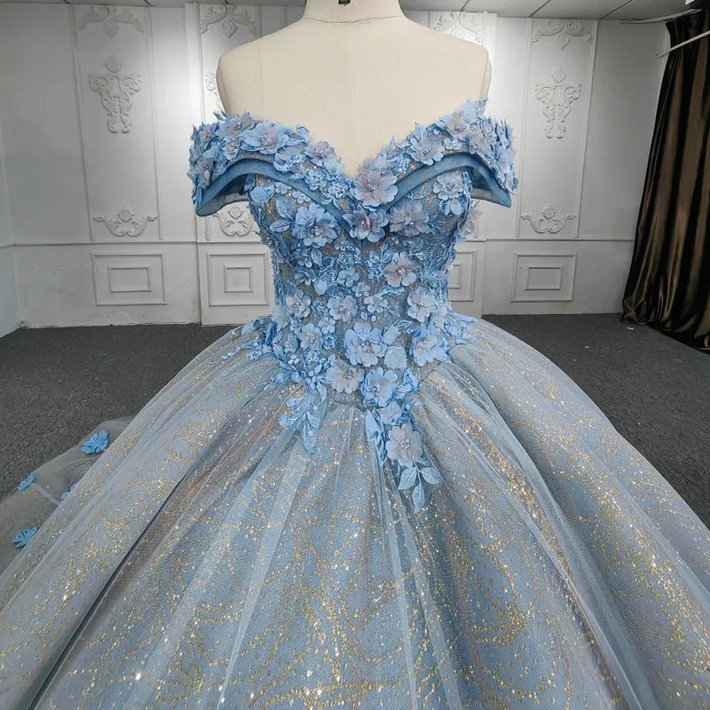 Quinceanera Blue Off - the - Shoulder Ball Gown Flower Dress - KissProm