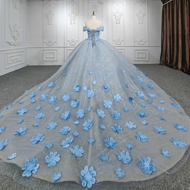 Quinceanera Blue Off - the - Shoulder Ball Gown Flower Dress - KissProm