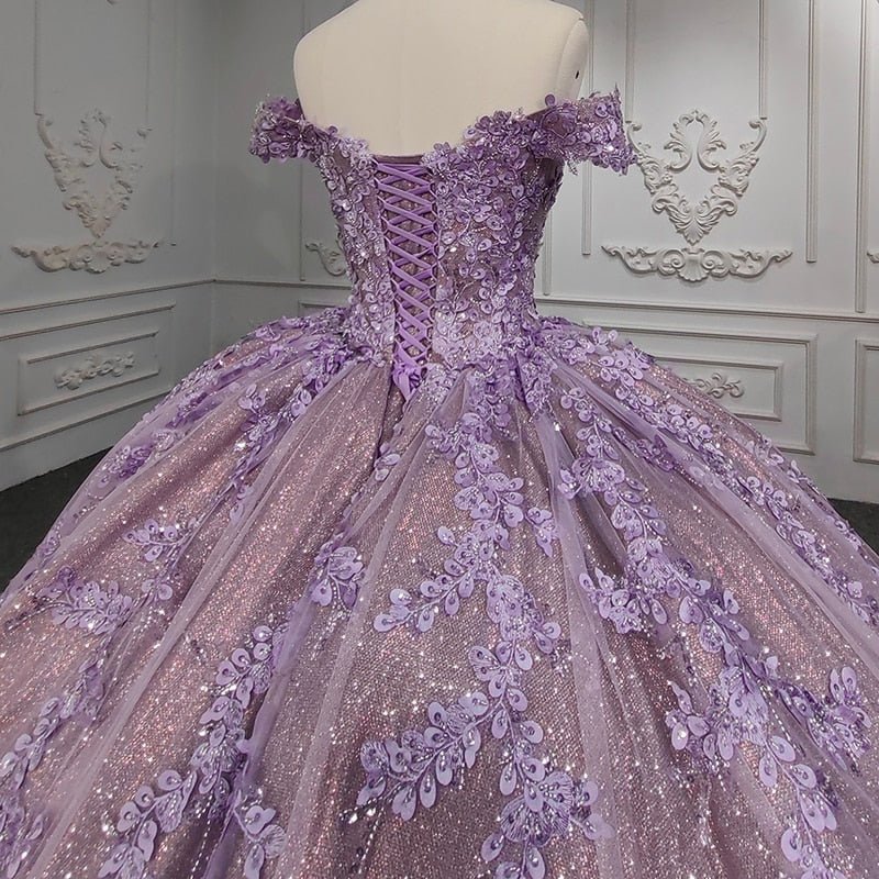 Purple Off-the-Shoulder Quinceanera Dresses with Flower