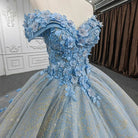Quinceanera Blue Off - the - Shoulder Ball Gown Flower Dress - KissProm