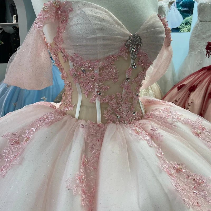 KissProm- Ball-Gown Tulle Blush Pink Off-the-Shoulder Quinceanera Dress with Appliques