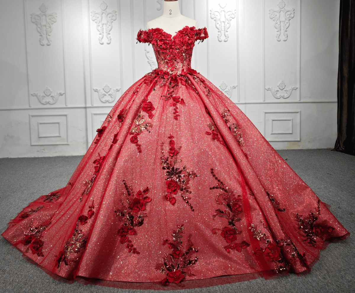 Red Flower  Off-the-Shoulder Quinceañera Dress