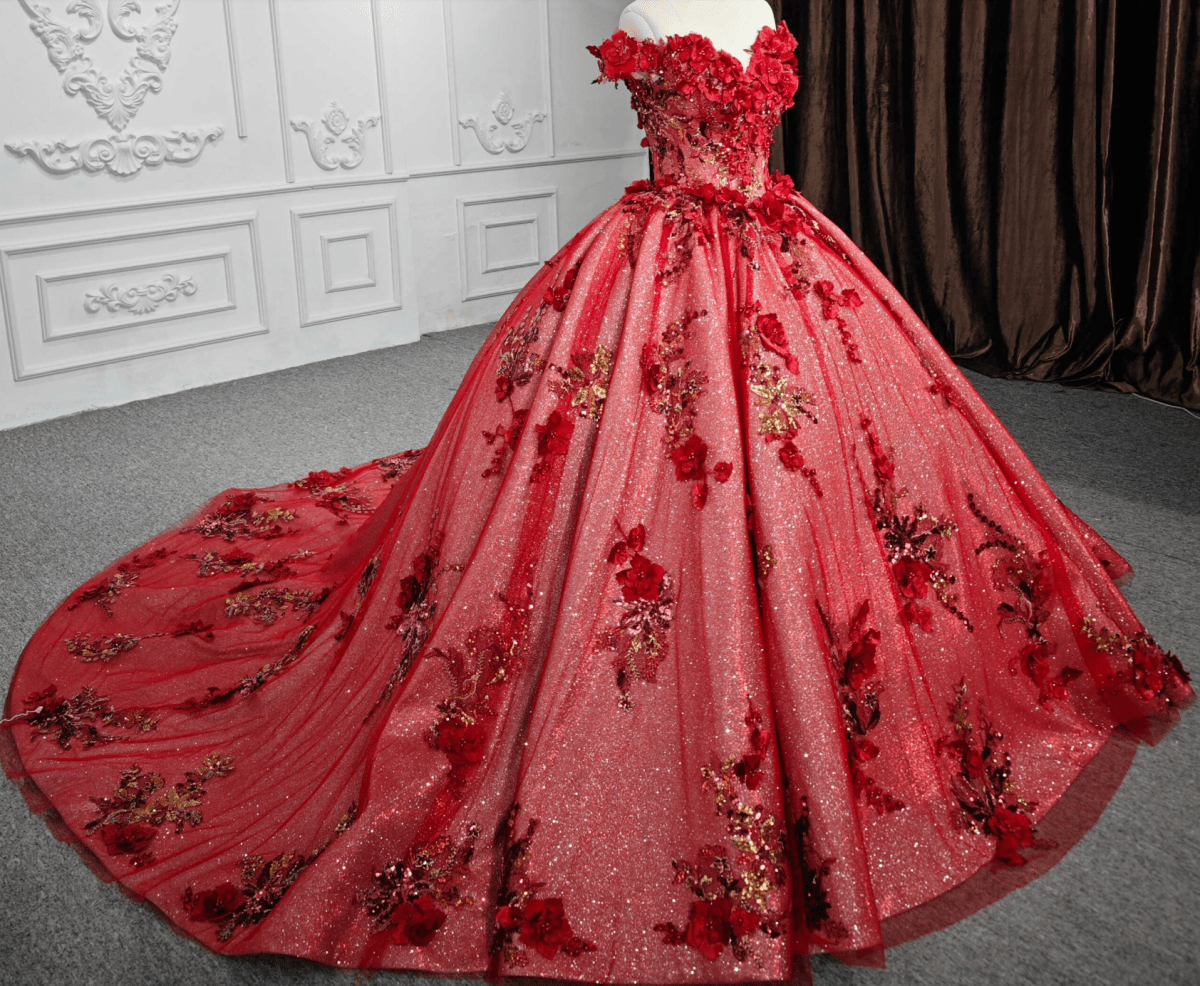Red Flower  Off-the-Shoulder Quinceañera Dress