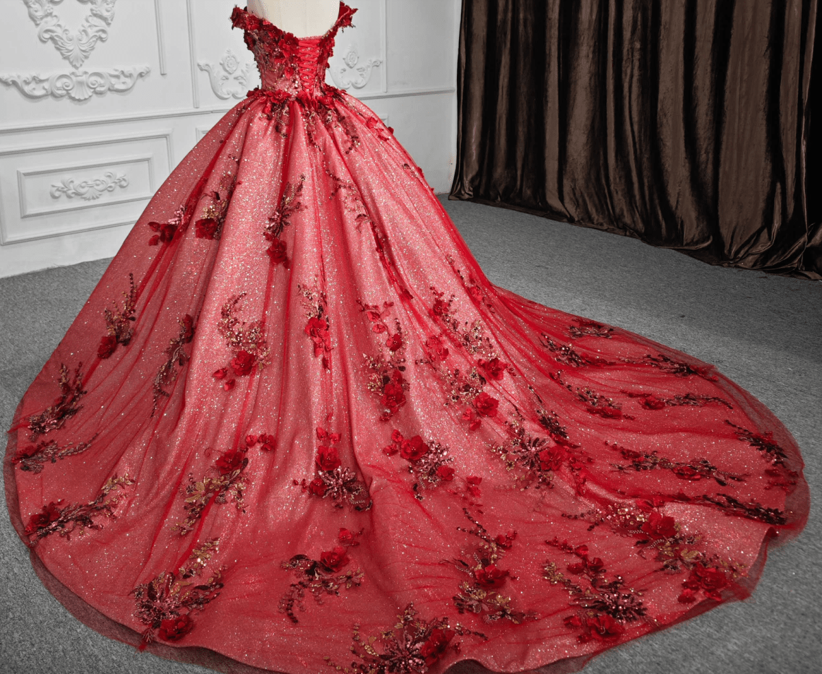 Red Flower  Off-the-Shoulder Quinceañera Dress