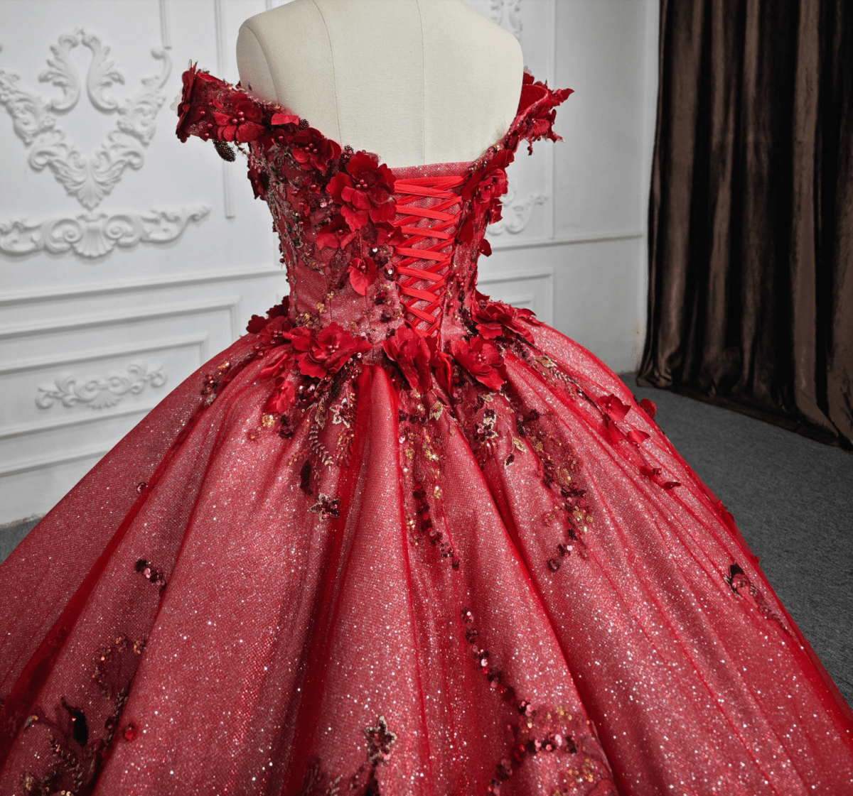 Red Flower  Off-the-Shoulder Quinceañera Dress