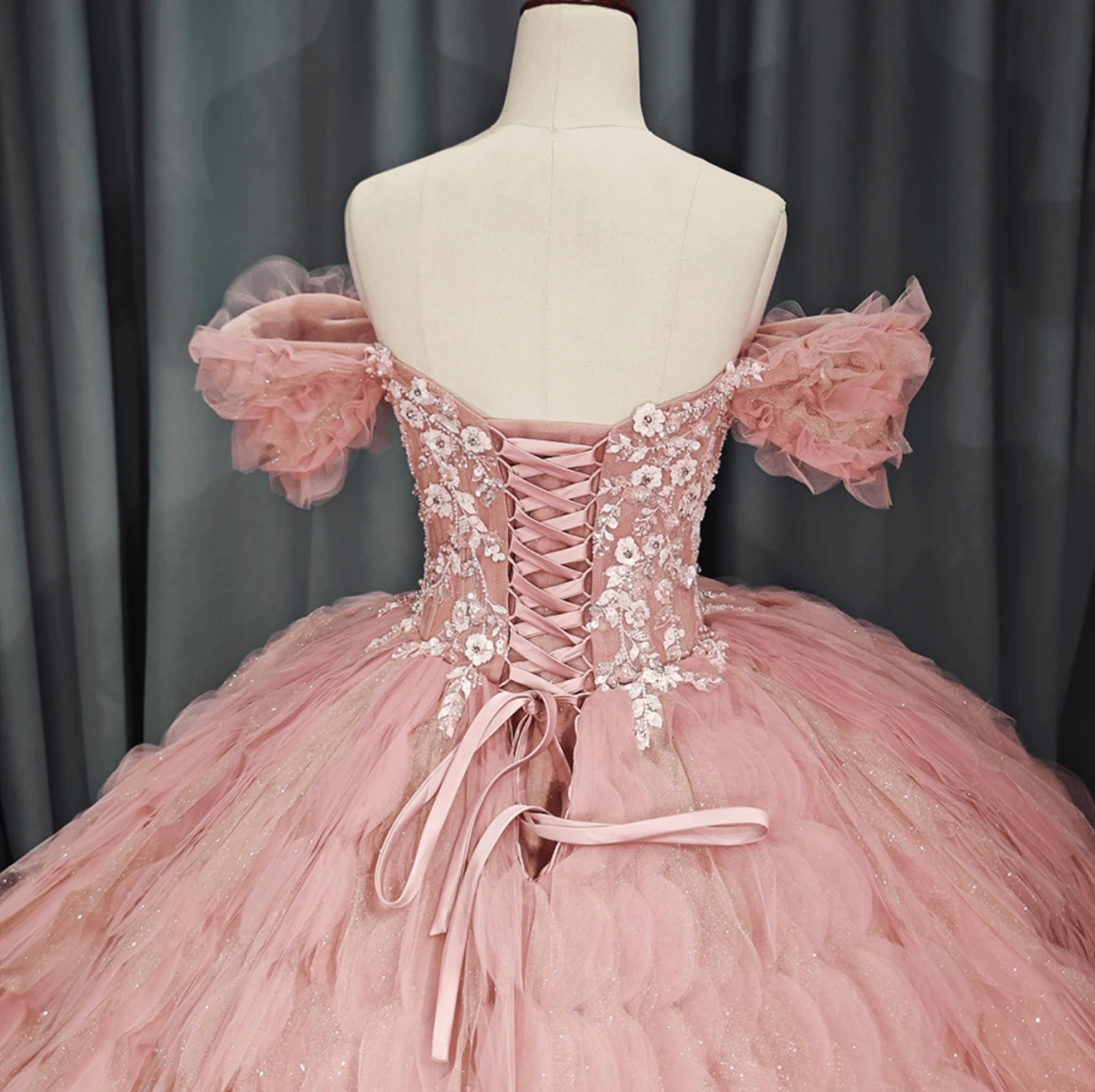 Tulle Tufted Pink Floral Quinceañera Ball Gown Dress - KissProm