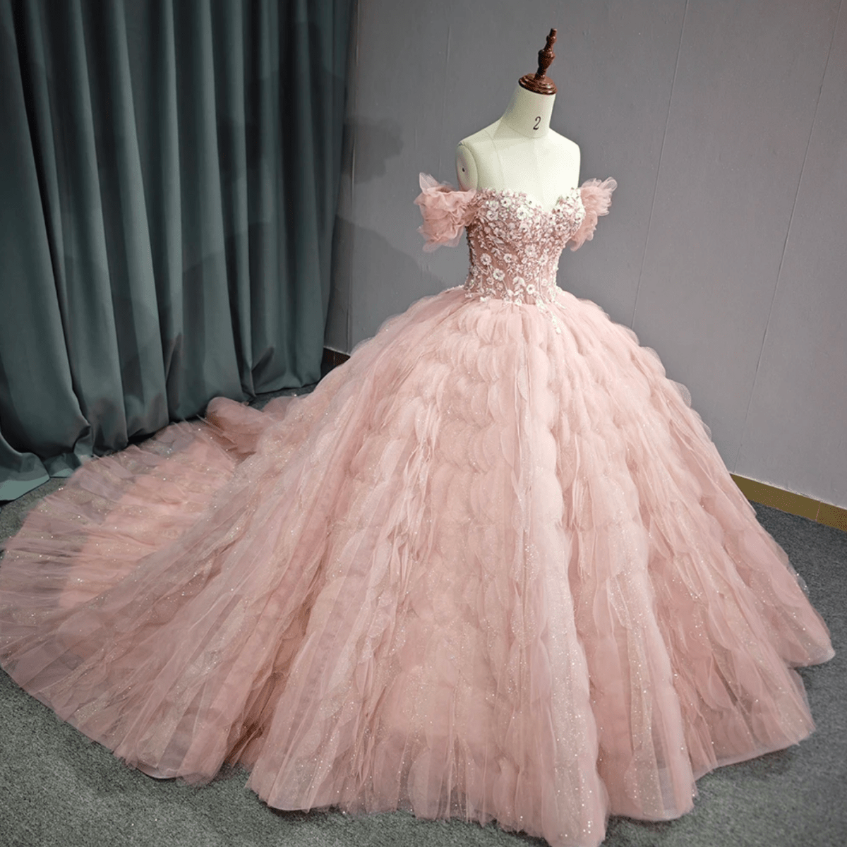 Tulle Tufted Pink Floral Quinceañera Ball Gown Dress - KissProm