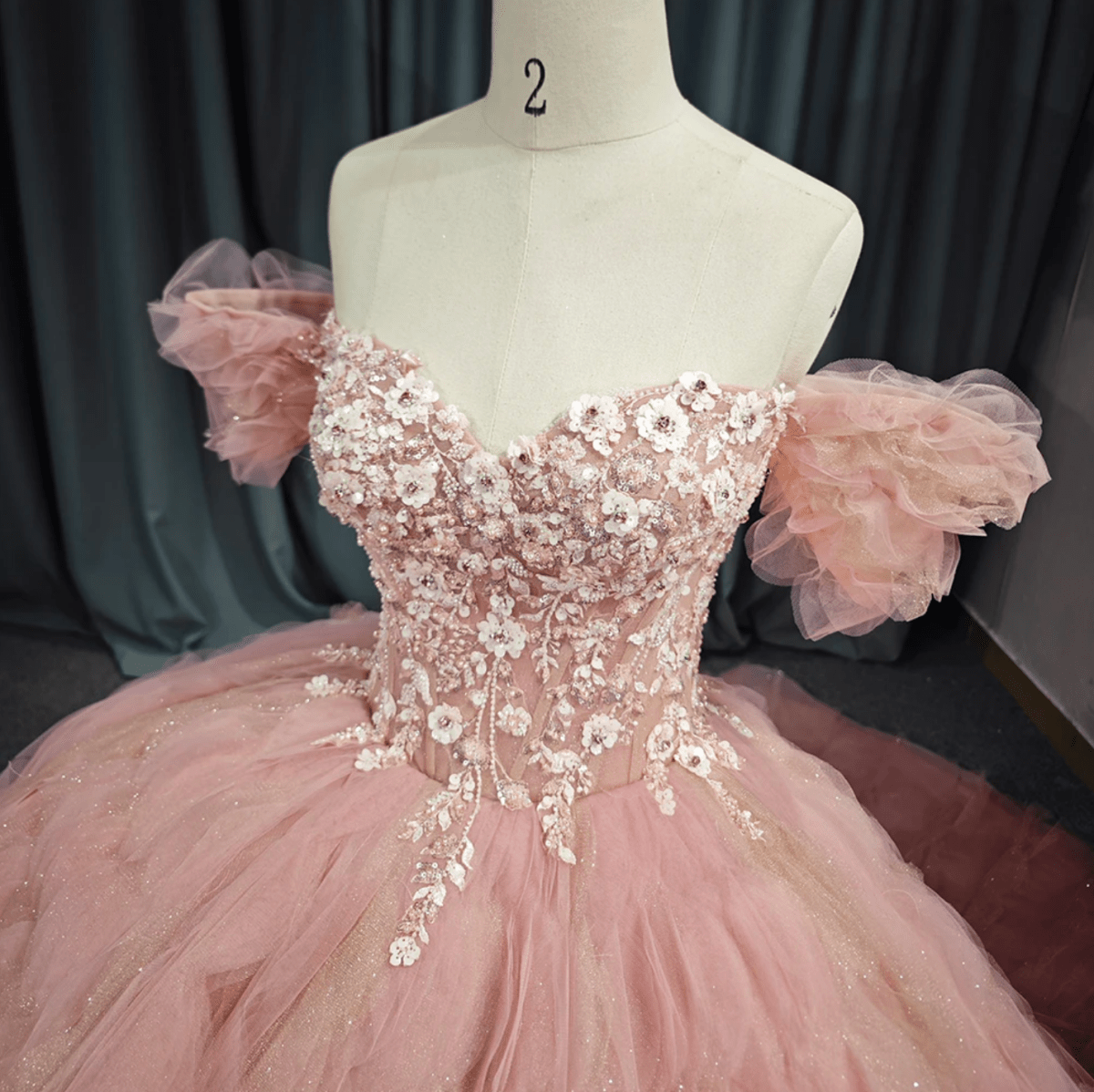 Tulle Tufted Pink Floral Quinceañera Ball Gown Dress - KissProm