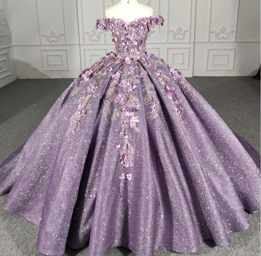 Purple Floral A Line Sequined Party Ball Gown - KissProm
