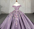 Purple Floral A Line Sequined Party Ball Gown - KissProm