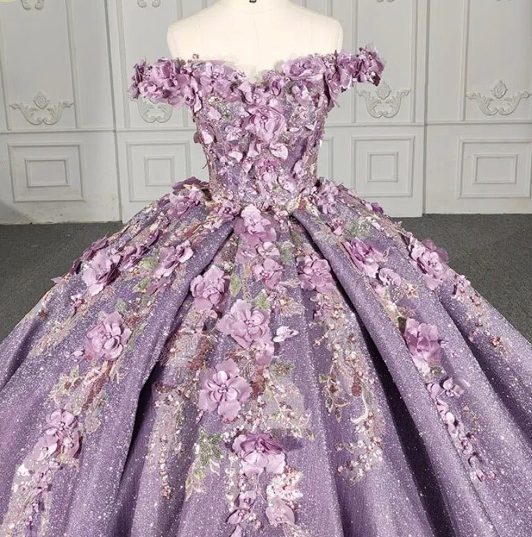 Purple Floral A Line Sequined Party Ball Gown - KissProm