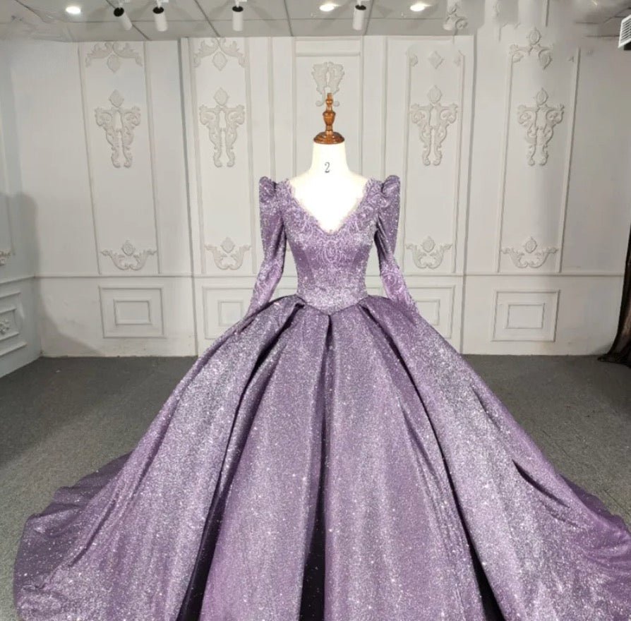 Purple Long Sleeve Full Gather Skirt A Line Party Ball Gown - KissProm