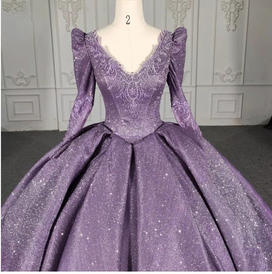 Purple Long Sleeve Full Gather Skirt A Line Party Ball Gown - KissProm