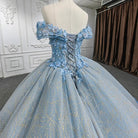 Quinceanera Blue Off - the - Shoulder Ball Gown Flower Dress - KissProm