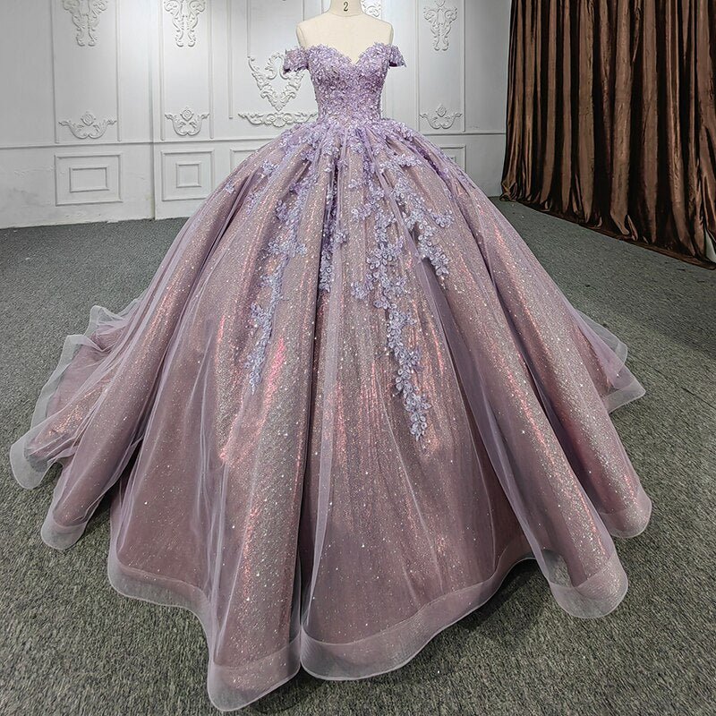 Purple Off-the-Shoulder Quinceanera Dresses with Flower
