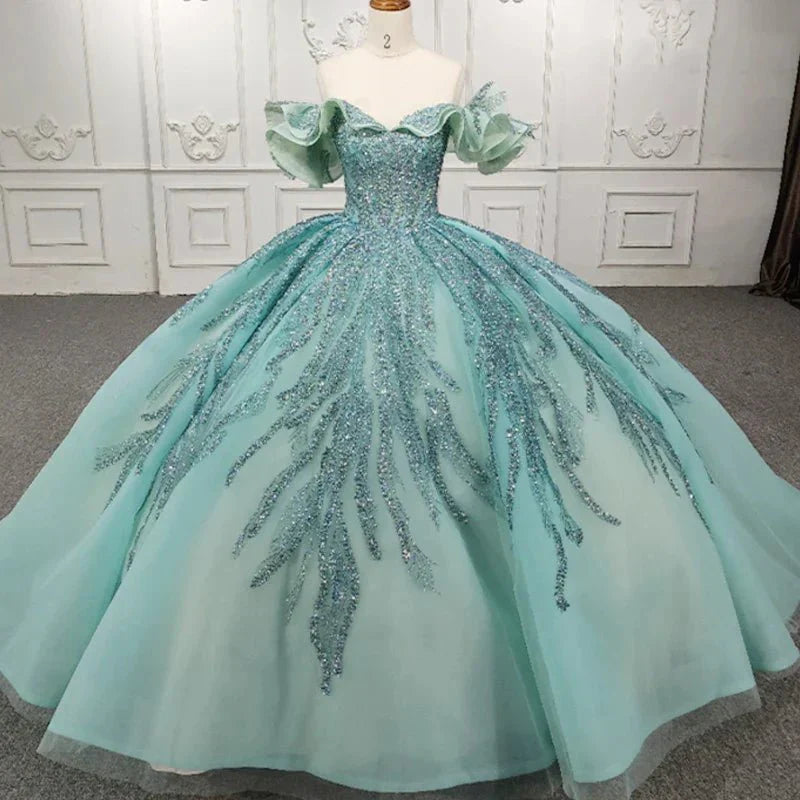 Quinceanera Dress Stylish Off - the - shoulder Party Dresses Crystal Beading Ball Gown - KissProm