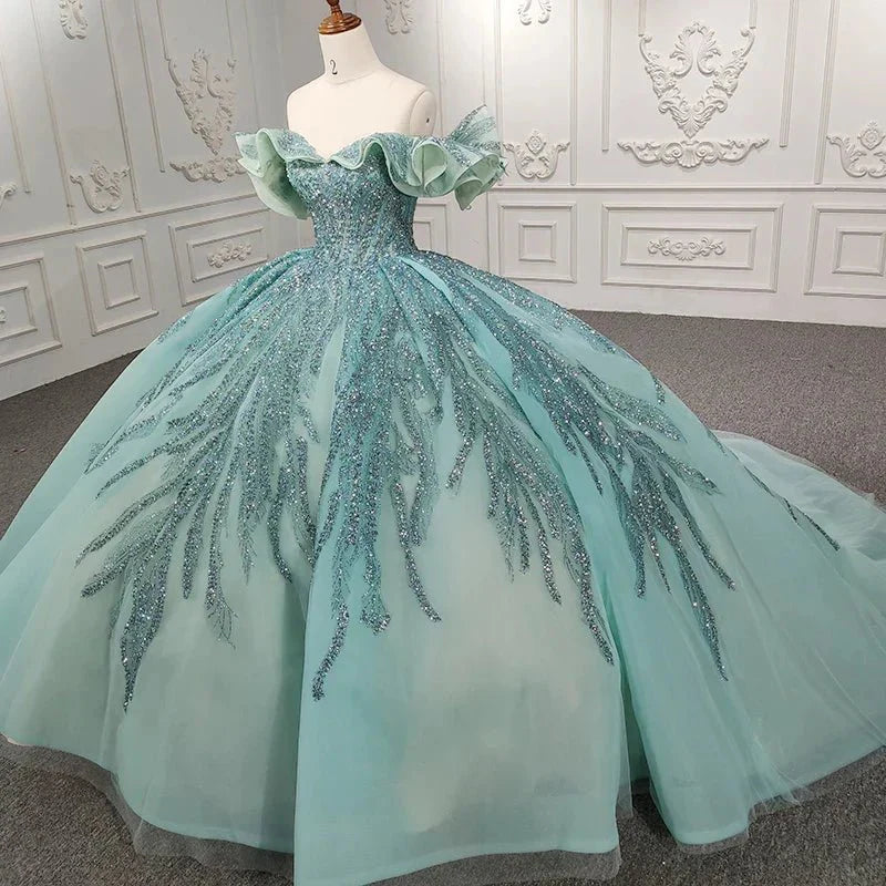 Quinceanera Dress Stylish Off - the - shoulder Party Dresses Crystal Beading Ball Gown - KissProm