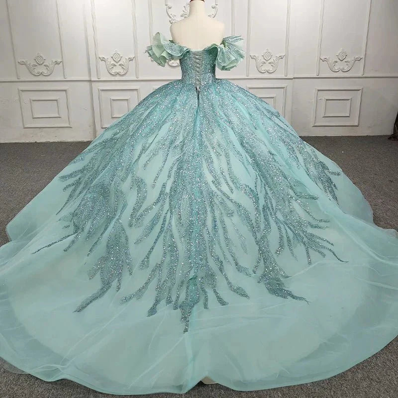 Quinceanera Dress Stylish Off - the - shoulder Party Dresses Crystal Beading Ball Gown - KissProm