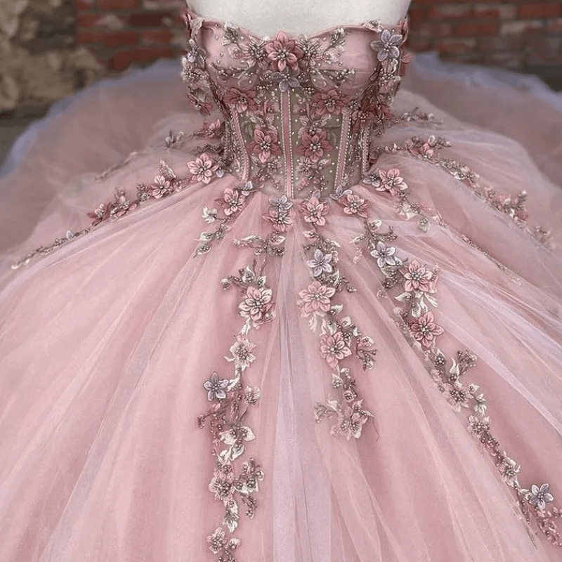 Enza | Pink Tulle Appliques Strapless Quinceanera Dresses