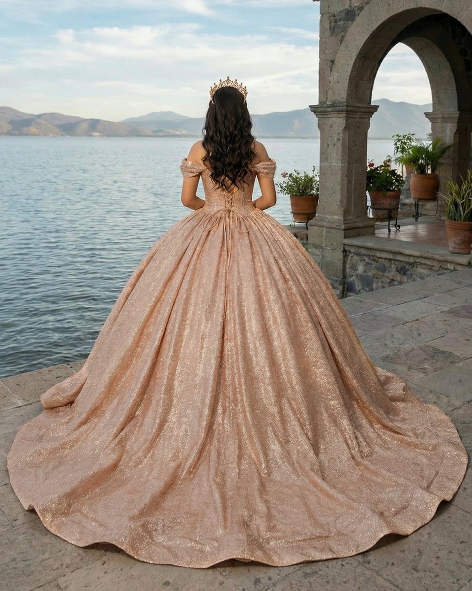 Champagne Sparkle Ball Gown Off - the - Shoulder Short Sleeves Quinceanera Dress - KissProm