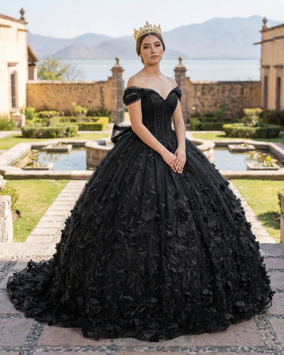 Black Ball Gown Off The Shoulder Quinceanera Dresses With Bowknot - KissProm