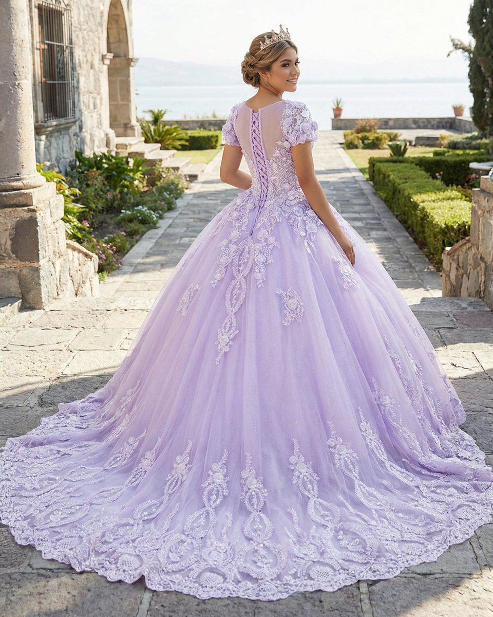Quinceanera Dress Ball Gown Short Sleeves Beaded Prom Dresses With Appliques - KissProm