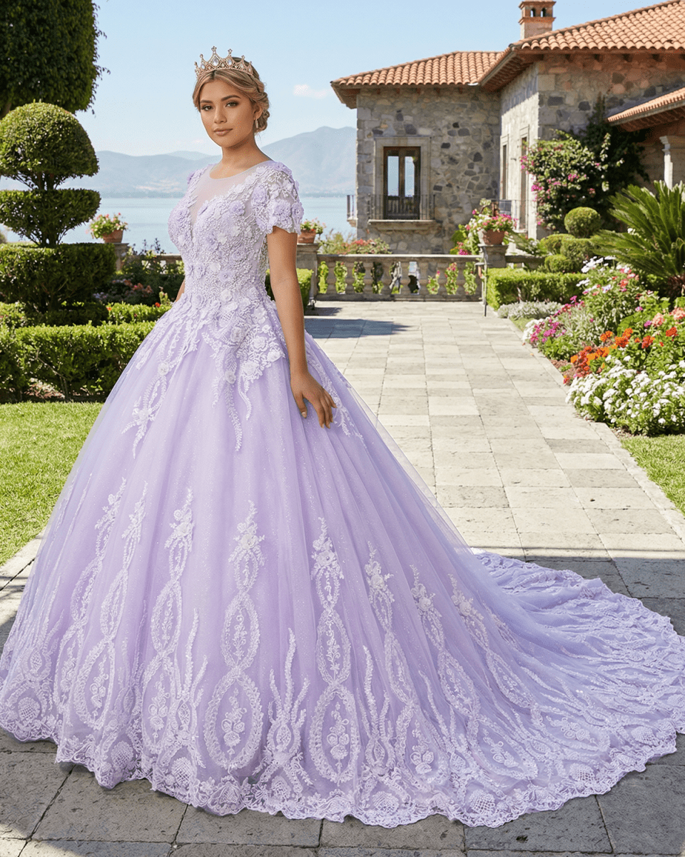 Quinceanera Dress Ball Gown Short Sleeves Beaded Prom Dresses With Appliques - KissProm