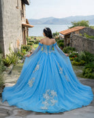 Ball - Gown Sky Blue Appliques Quinceanera Dresses with Cape - KissProm