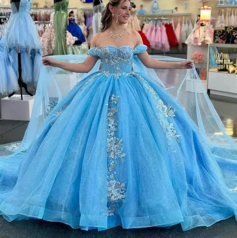 Ball - Gown Sky Blue Appliques Quinceanera Dresses with Cape - KissProm