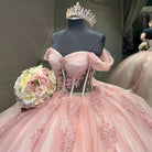 Ball - Gown Tulle Light Pink Off - the - Shoulder Quinceanera Dress with Appliques - KissProm
