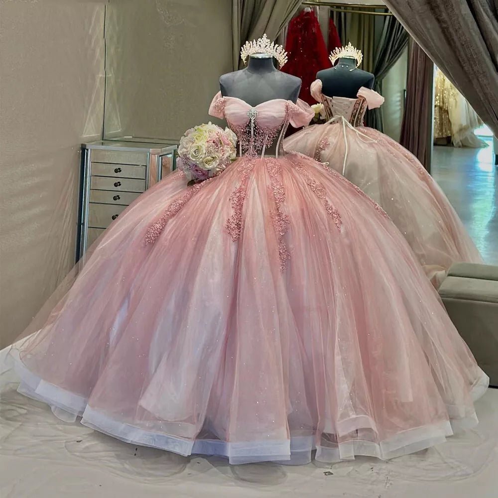 Ball - Gown Tulle Light Pink Off - the - Shoulder Quinceanera Dress with Appliques - KissProm