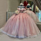 Ball - Gown Tulle Light Pink Off - the - Shoulder Quinceanera Dress with Appliques - KissProm