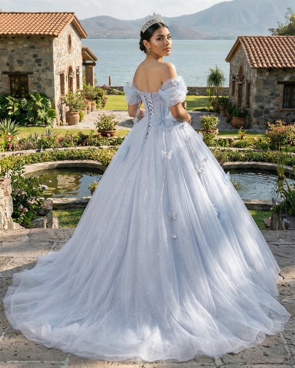 Ball - Gown Tulle Off The Shoulder Pearls Butterflies Quinceanera Dress with Appliqued - KissProm