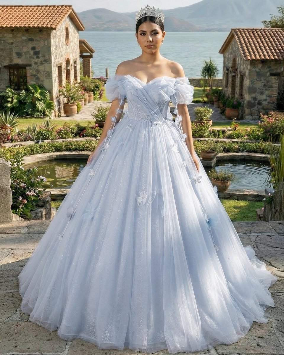 Ball - Gown Tulle Off The Shoulder Pearls Butterflies Quinceanera Dress with Appliqued - KissProm