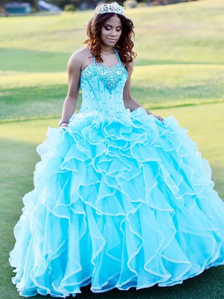 Halter Tulle Ball Gown Quinceanera Dresses With Rhinestones - KissProm