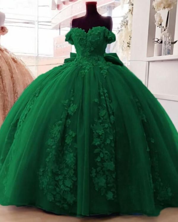 Big Bow Floral Flower Lace Applique Off Shoulder Ball Gown Quinceanera Dresses