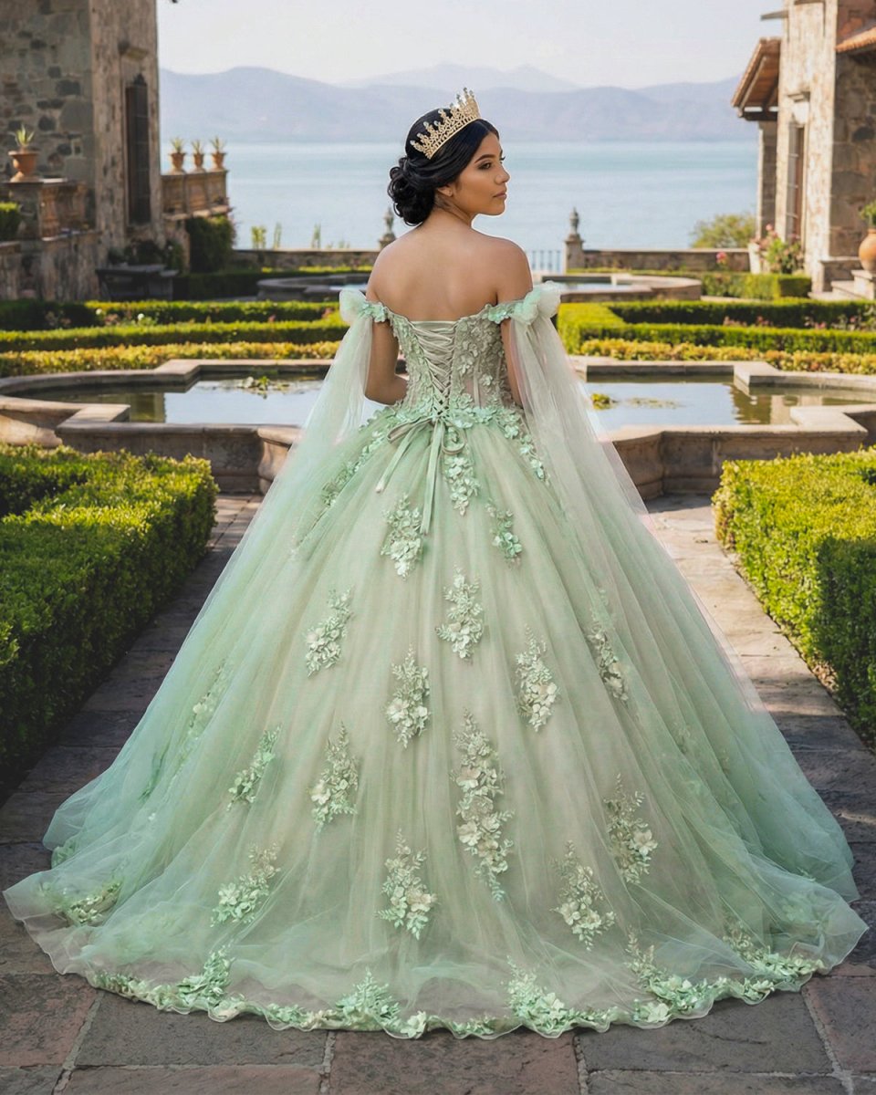 Ball Gown Tulle Off The Shoulder Sage Green Quinceanera Dress - KissProm