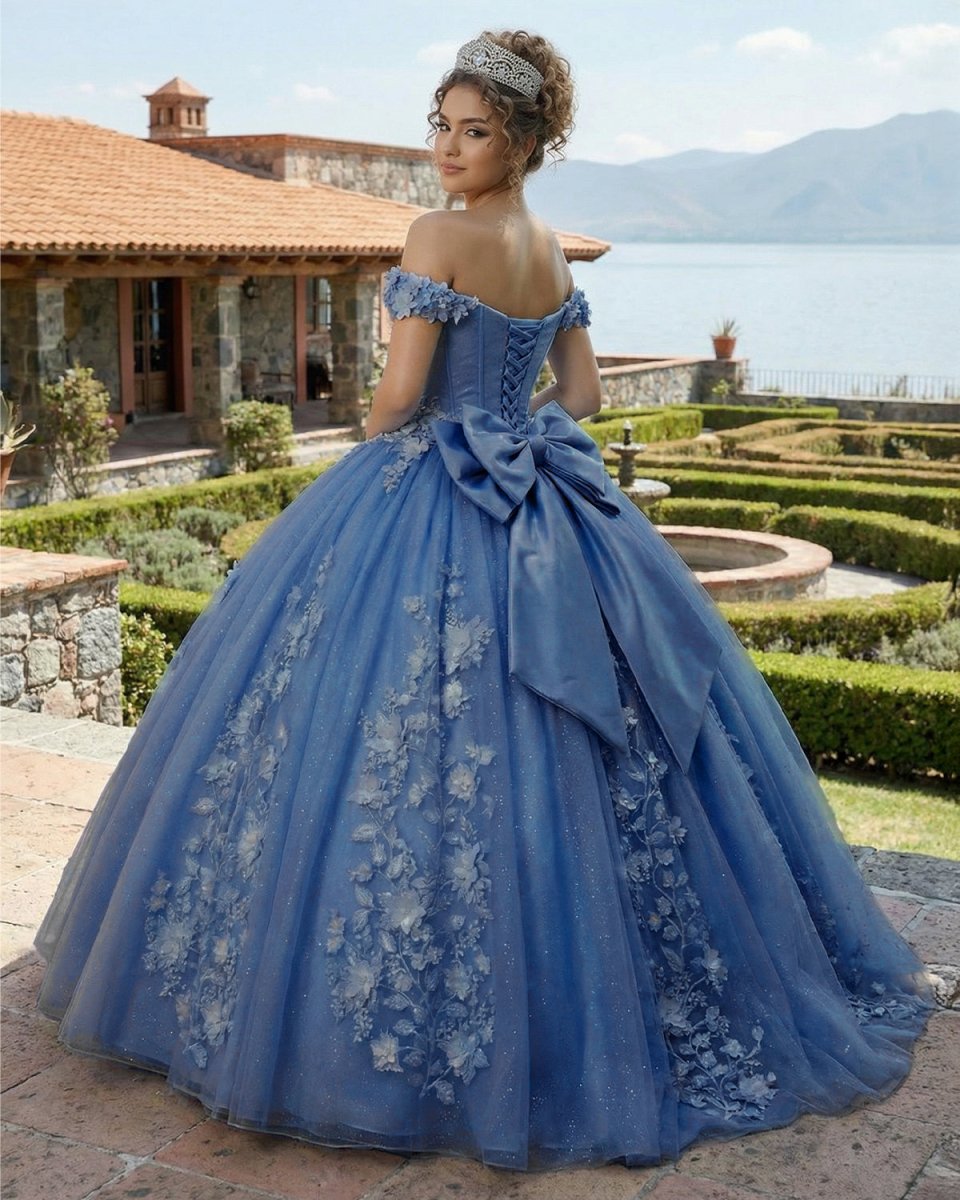 Big Bow Floral Flower Lace Applique Off Shoulder Ball Gown Quinceanera Dresses - KissProm