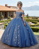 Big Bow Floral Flower Lace Applique Off Shoulder Ball Gown Quinceanera Dresses - KissProm