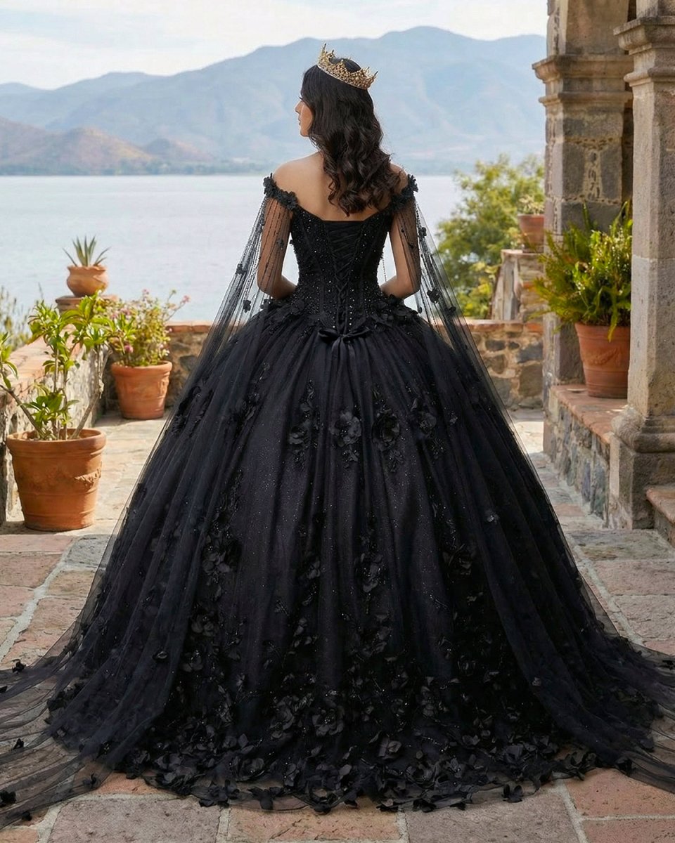 Black Ball Gown Quinceanera Dresses with Flowers - KissProm
