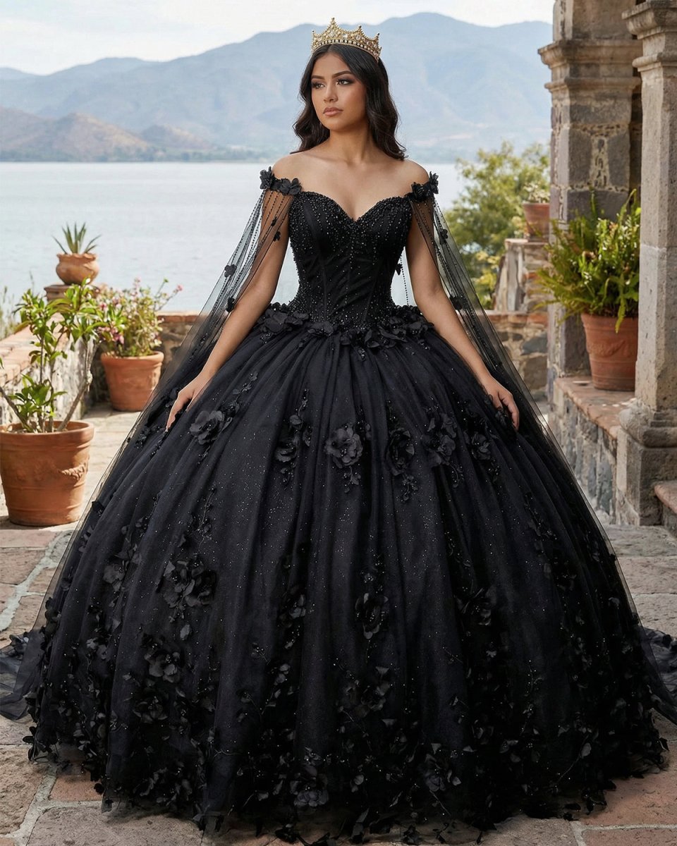 Black Ball Gown Quinceanera Dresses with Flowers - KissProm