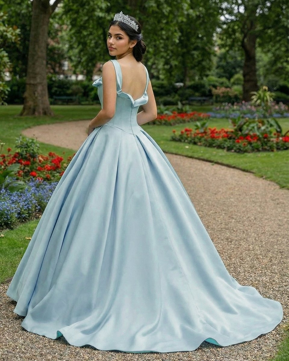 Sky Blue Satin Long Ball Gown Quinceanera Dresses - KissProm