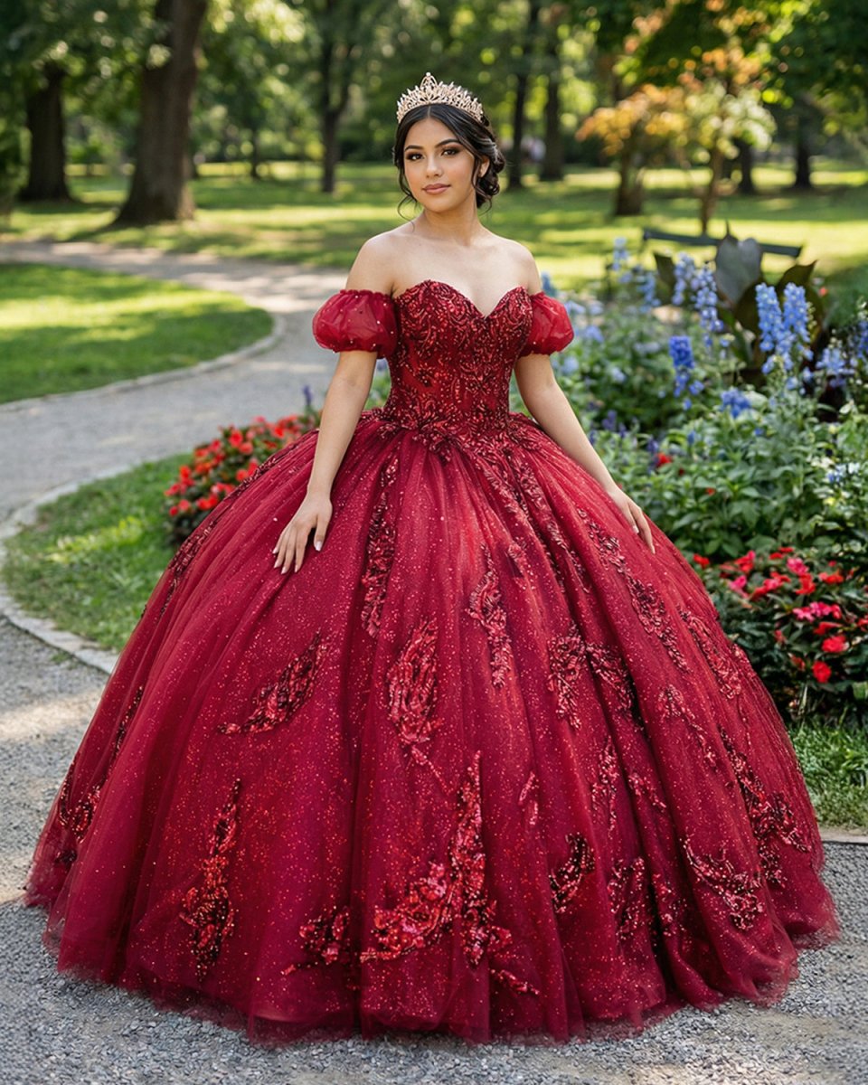 Quinceanera Dress Burgundy Off Shoulder Tulle Lace Long Prom Dresses - KissProm