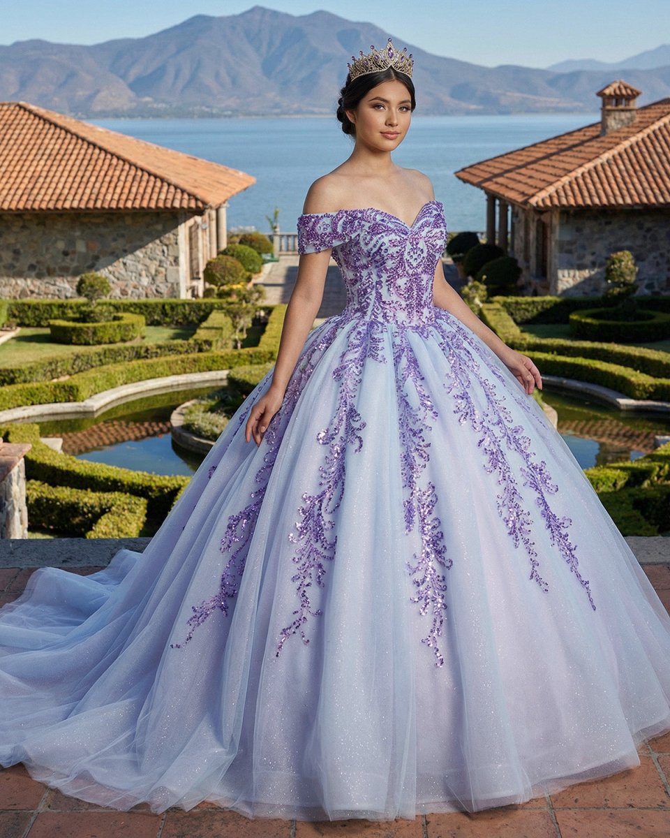 Quinceanera Dress Charming Off - the - shoulder Prom Dresses Appliques Lace Up Ball Gown with Sequins - KissProm