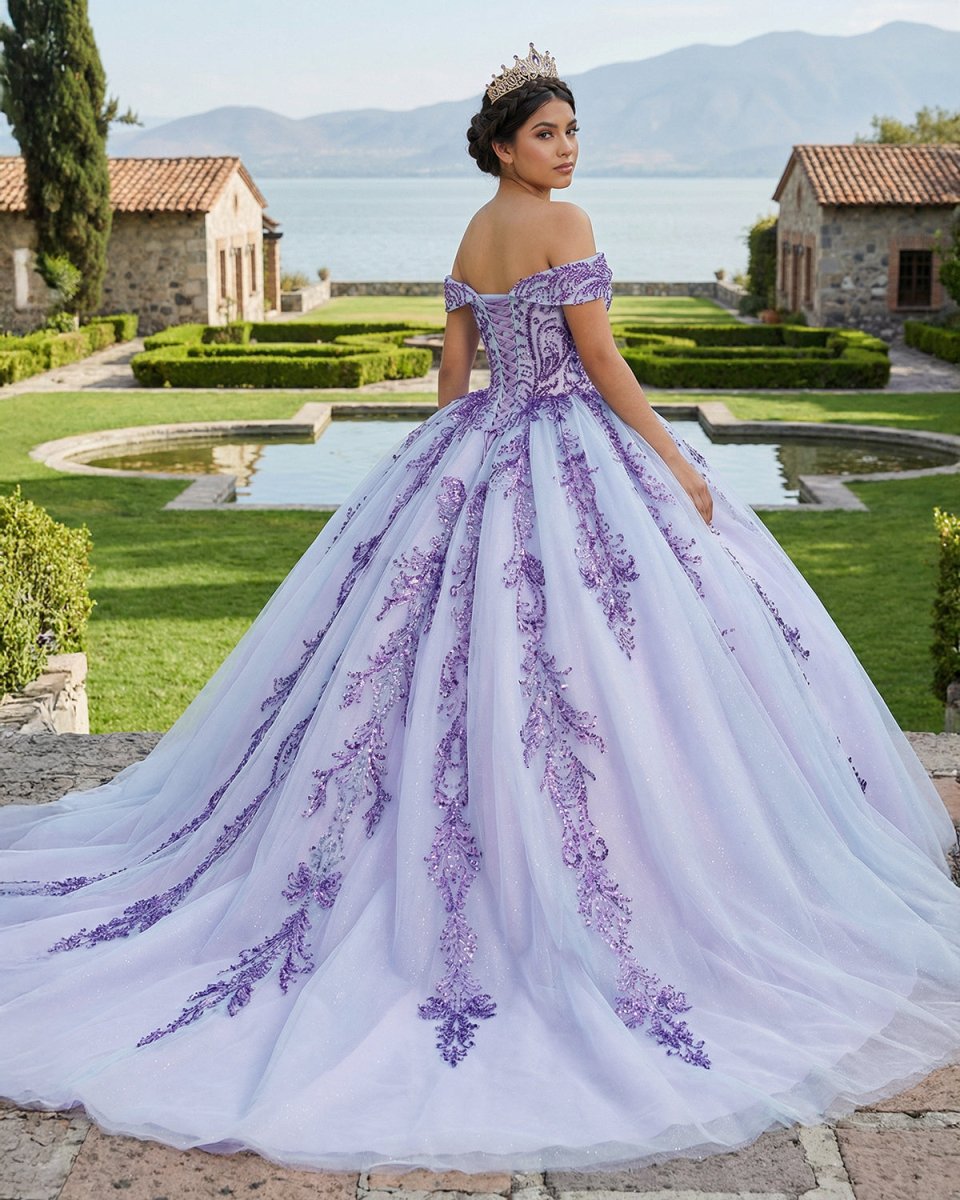 Quinceanera Dress Charming Off - the - shoulder Prom Dresses Appliques Lace Up Ball Gown with Sequins - KissProm