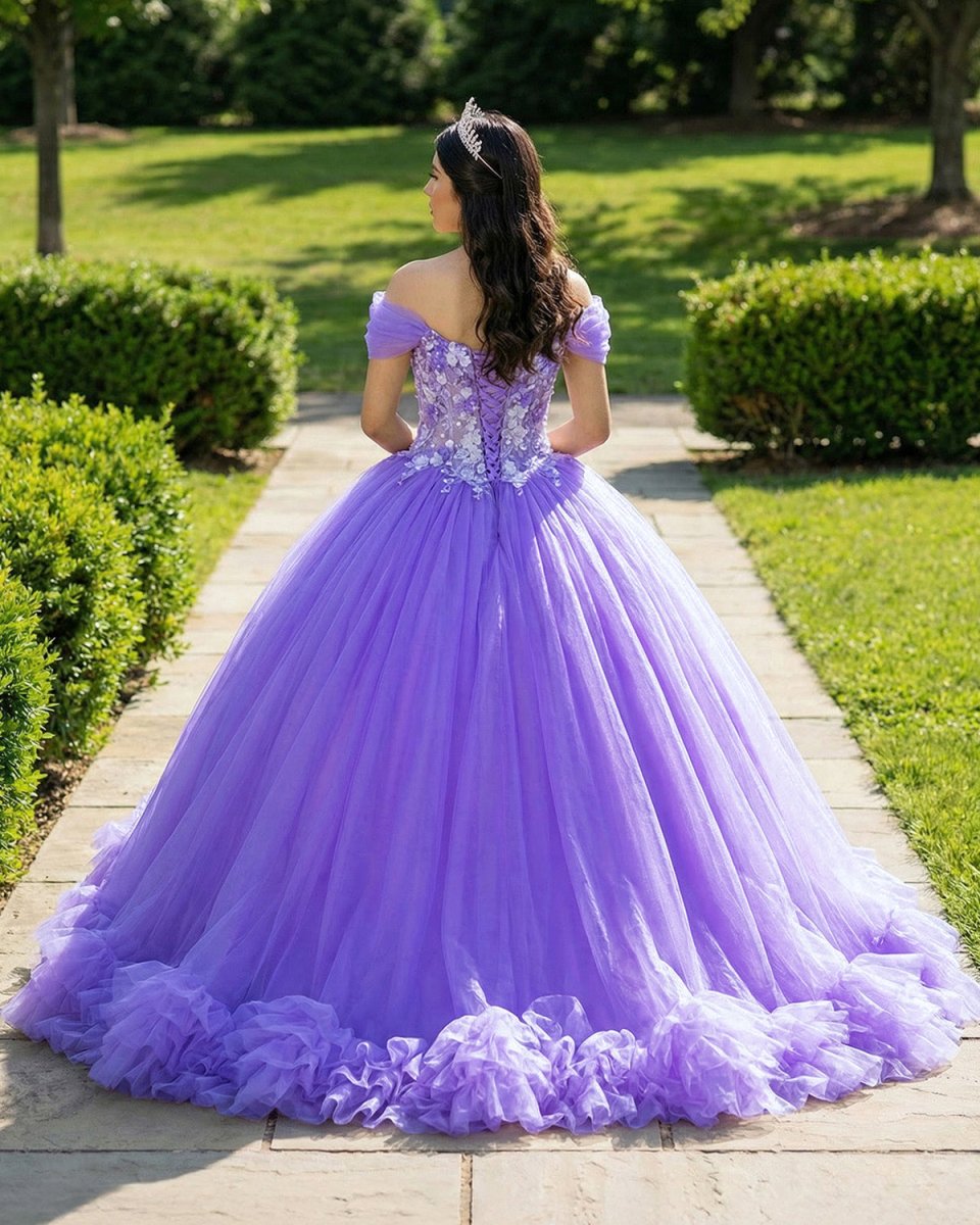 Ball Gown Organza Off - the - Shoulder Purple Quinceanera Dress - KissProm