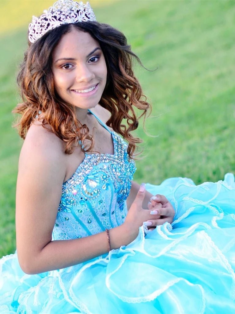 Halter Tulle Ball Gown Quinceanera Dresses With Rhinestones - KissProm